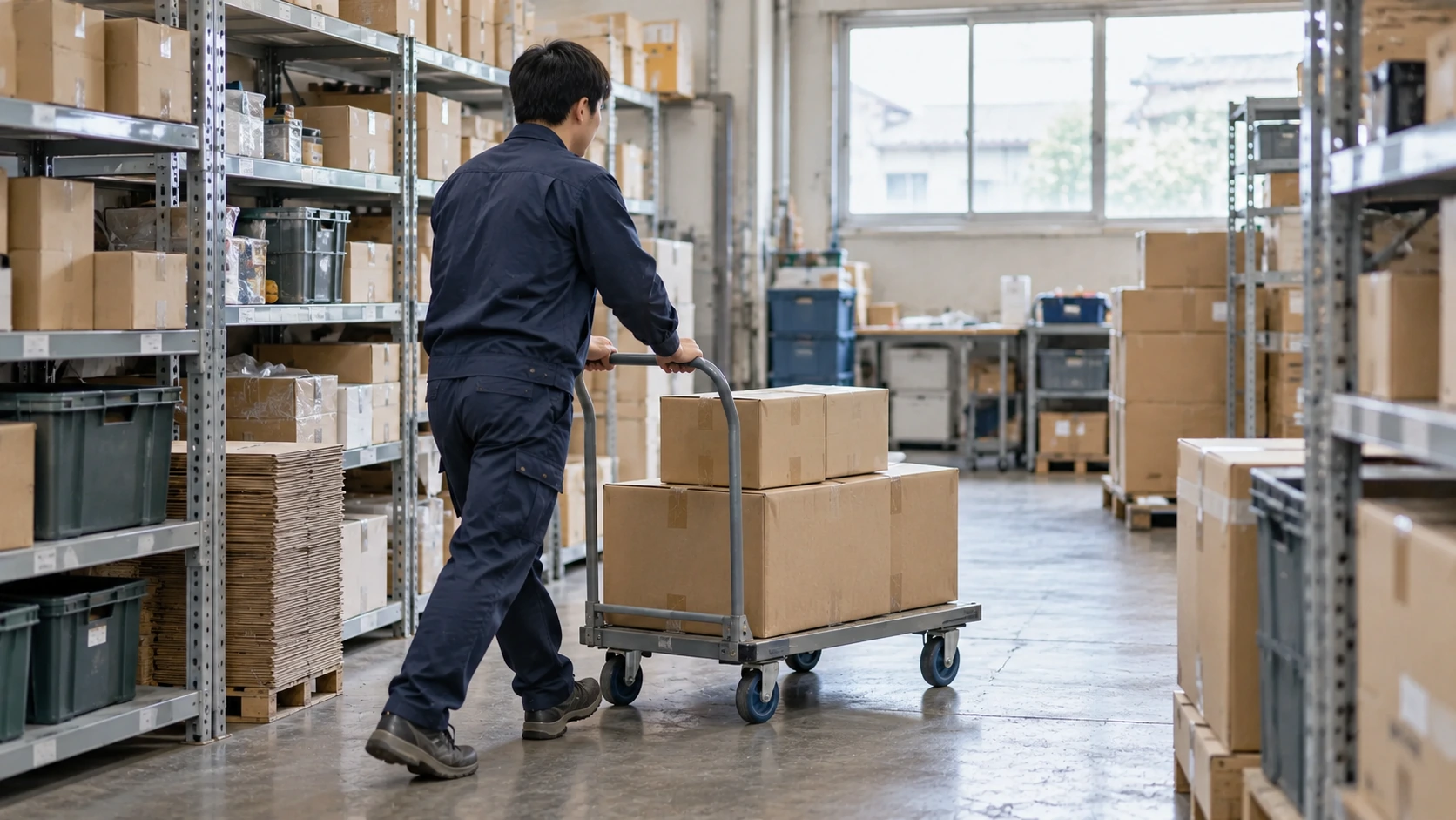 A worker moves cartons on a platform trolley through a stock aisle.
