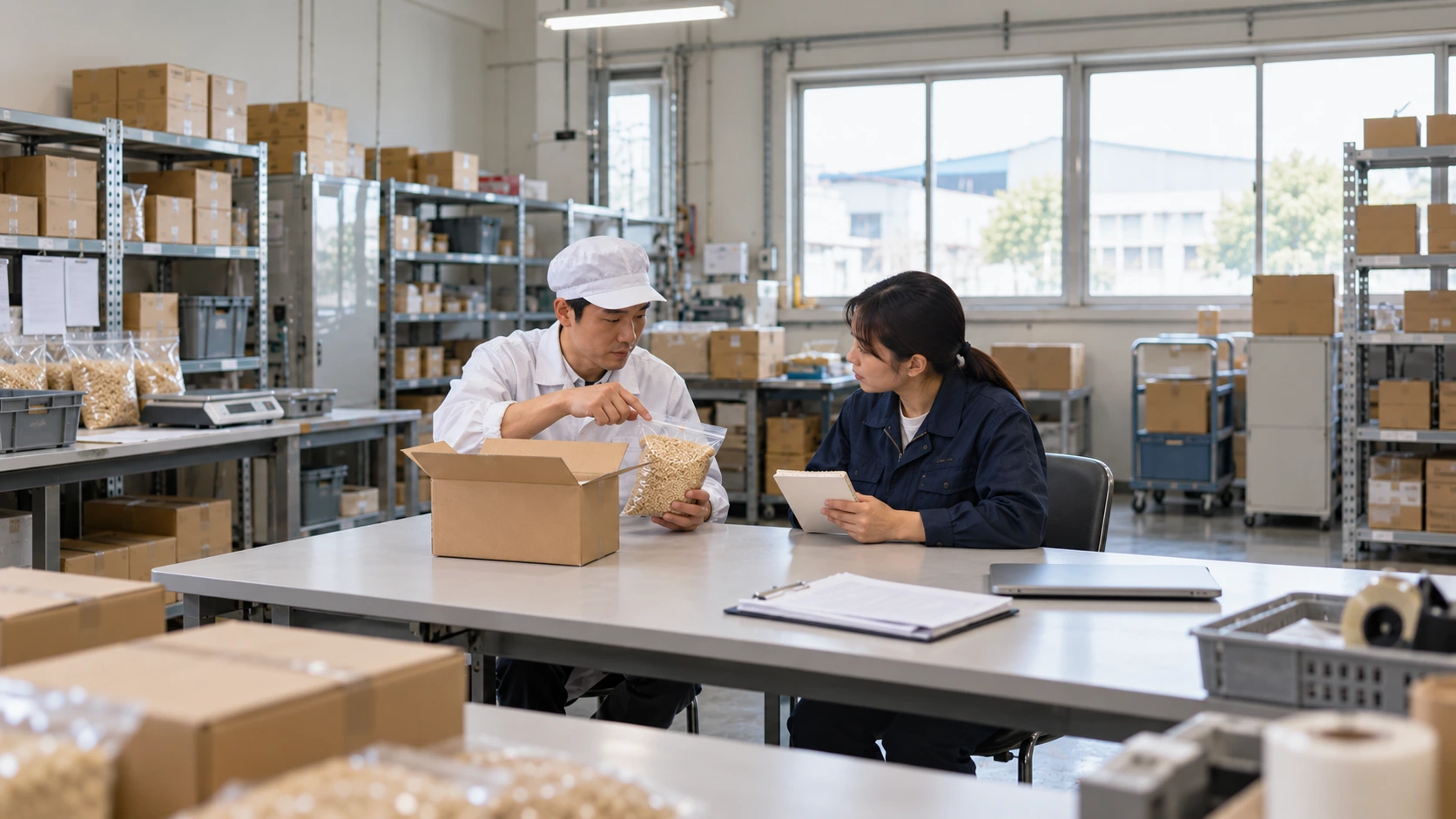 Two people discussing a sealed food packet beside an open carton at a work table.
