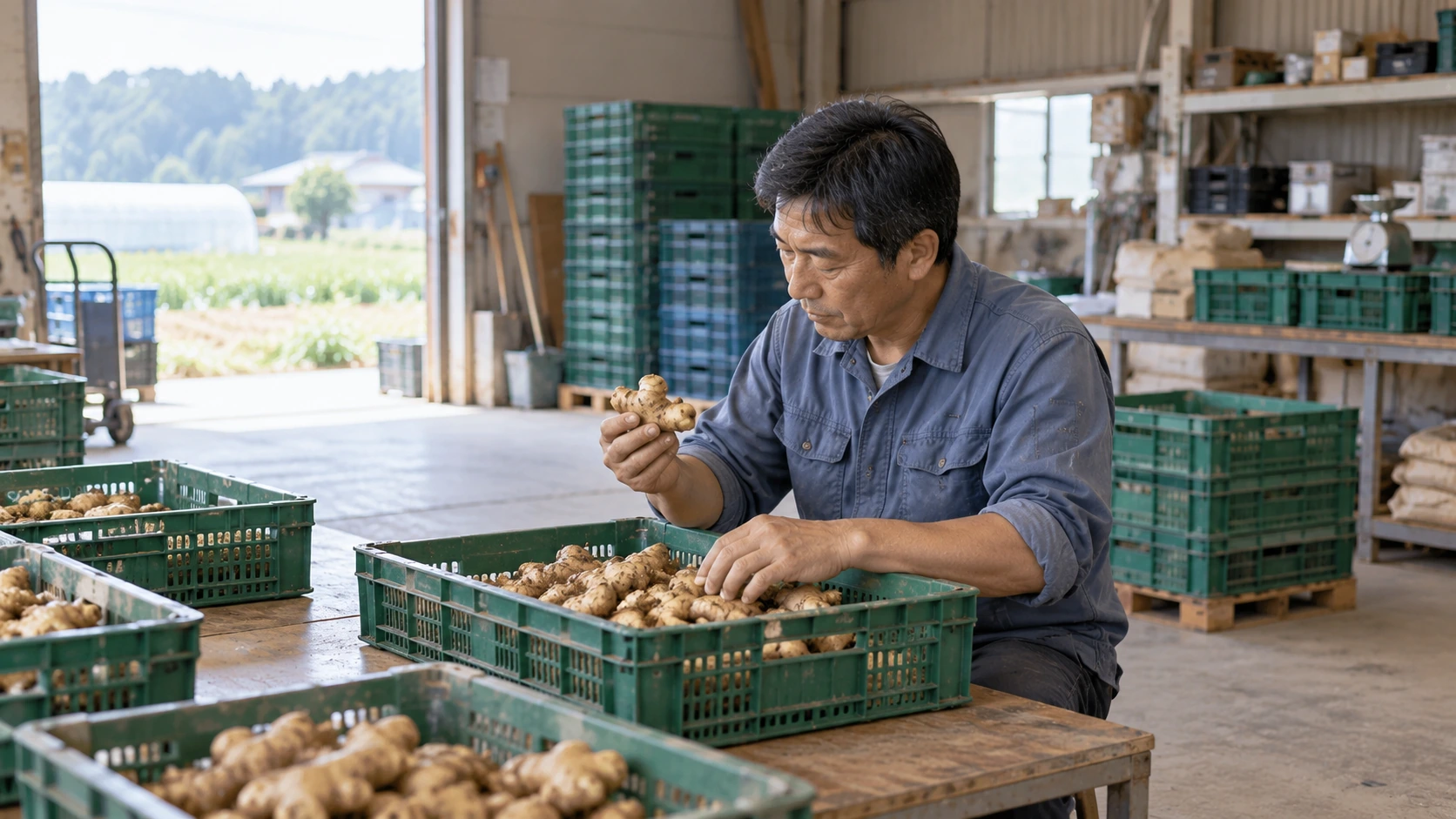 A person examines a ginger root beside produce crates at a sorting table.